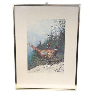 Vintage Marvin Campbell 82 Pheasant Print In Gold Metal Frame